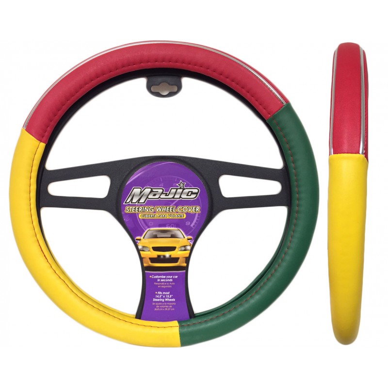 GREEN/RED/YELLOW Comfortable under all weather conditions Universal Fit Majic Rasta Steering Wheel Cover 